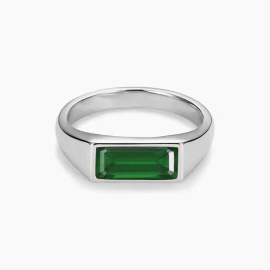 10K White Gold 1 to 6 CT Baguette Cut Artificial Emerald Men's Band for Men