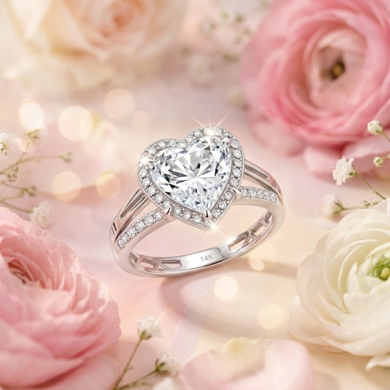 14K White Gold 1 to 6 CT Heart Cut Moissanite Engagement Ring-4