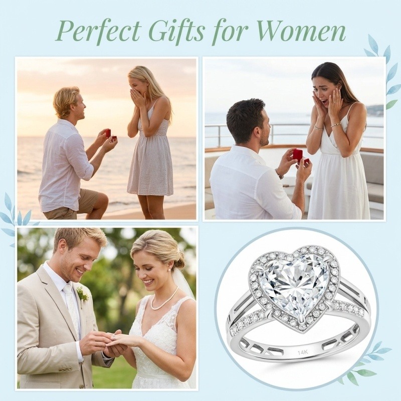 14K White Gold 1 to 6 CT Heart Cut Moissanite Engagement Ring-5