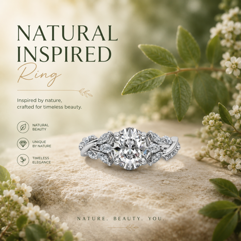 Verlobungsring aus Sterlingsilber mit ovalem Moissanit-Seitenstein (1 bis 6 Karat), inspiriert von der Natur-4