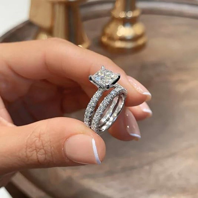 18K Oro Blanco Juego de Boda de Moissanita con Corte Princesa de 1 a 6 CT-2