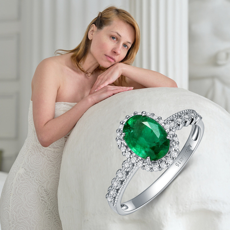 Anillo de compromiso de oro blanco de 10 quilates con esmeralda ovalada de 2,5 a 7,5 quilates para mujer-6