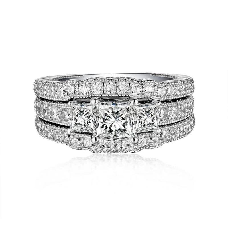 18Kホワイトゴールド 2.8 CT.T.W プリンセスカット モアッサナイト ブライダルセット-1
