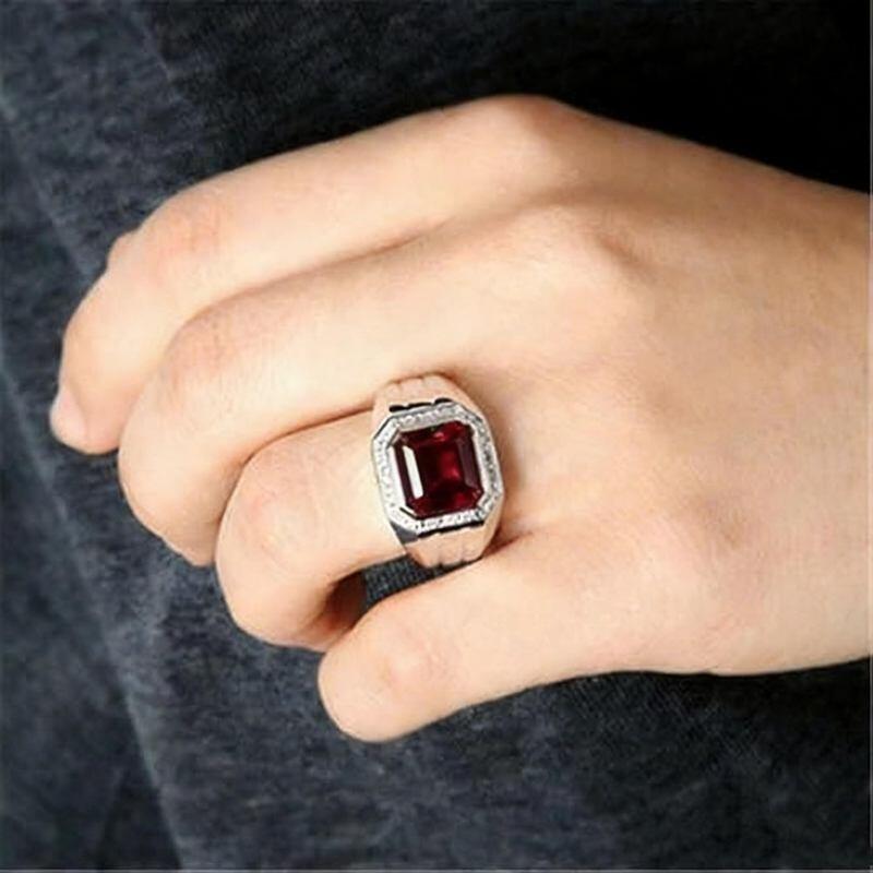 Banda para hombre de oro blanco de 14 quilates con granate de 2 CT para hombres-2