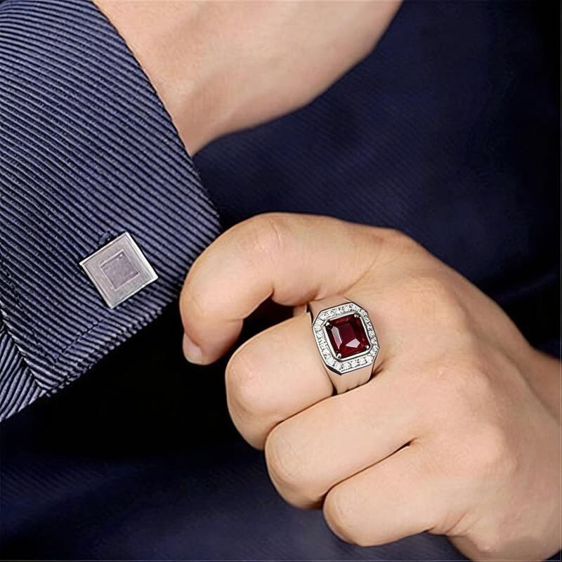 Banda para hombre de oro blanco de 14 quilates con granate de 2 CT para hombres-3