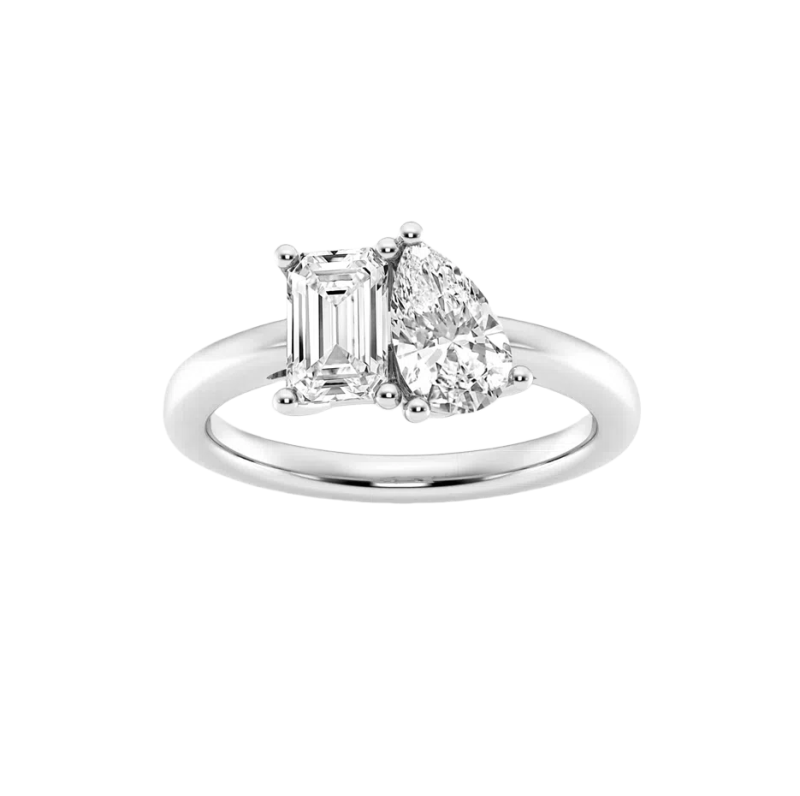 Anillo de compromiso personalizado de oro blanco de 10 quilates con 2 quilates de moissanita talla pera y esmeralda.-1