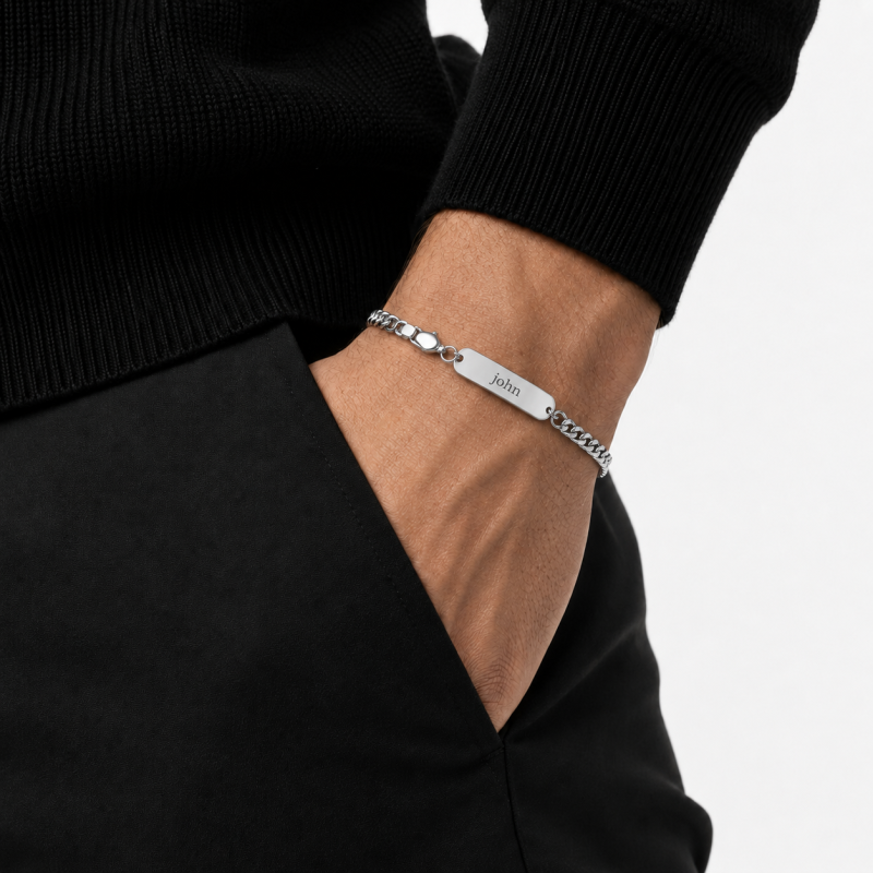 14K White Gold 7 to 9 Inch Engravable Identification Bracelet for Men-2