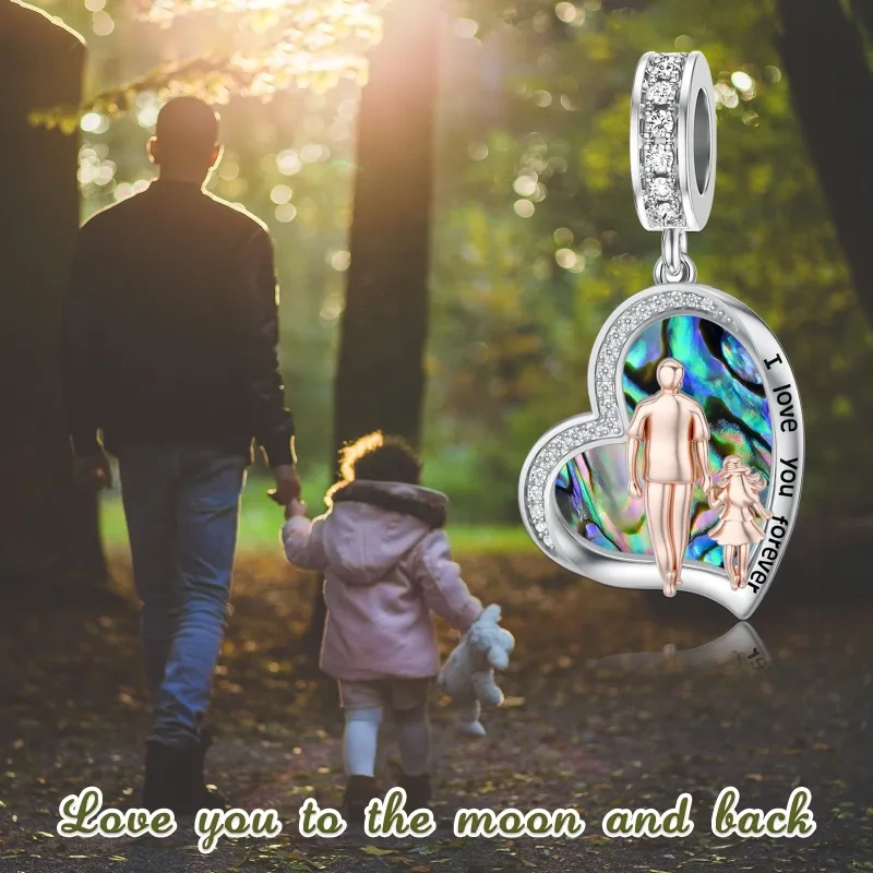 18K White Gold Abalone Father & Daughter & Heart Dangle Charm-3