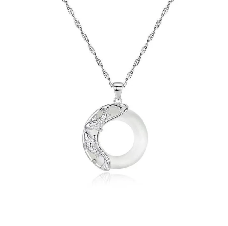 18K White Gold Buddha Stones White Jade Koi Lucky Necklace-1