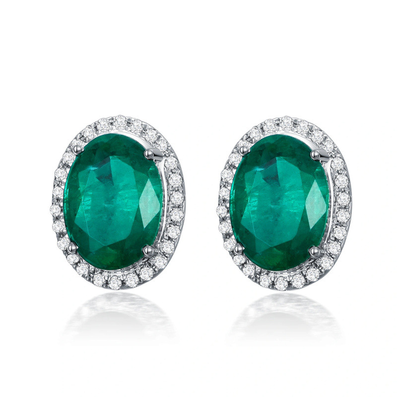 14K White Gold Circular Shaped Emerald Round Stud Earrings-1
