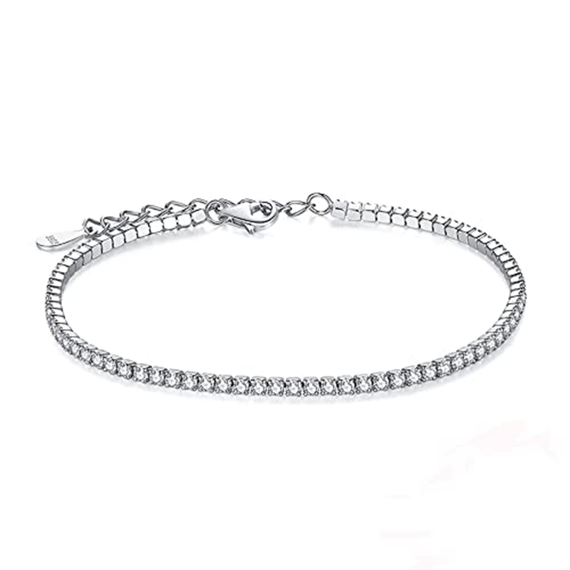 Bracelet de cheville à chaîne simple en or blanc 14 carats et zircon cubique-1