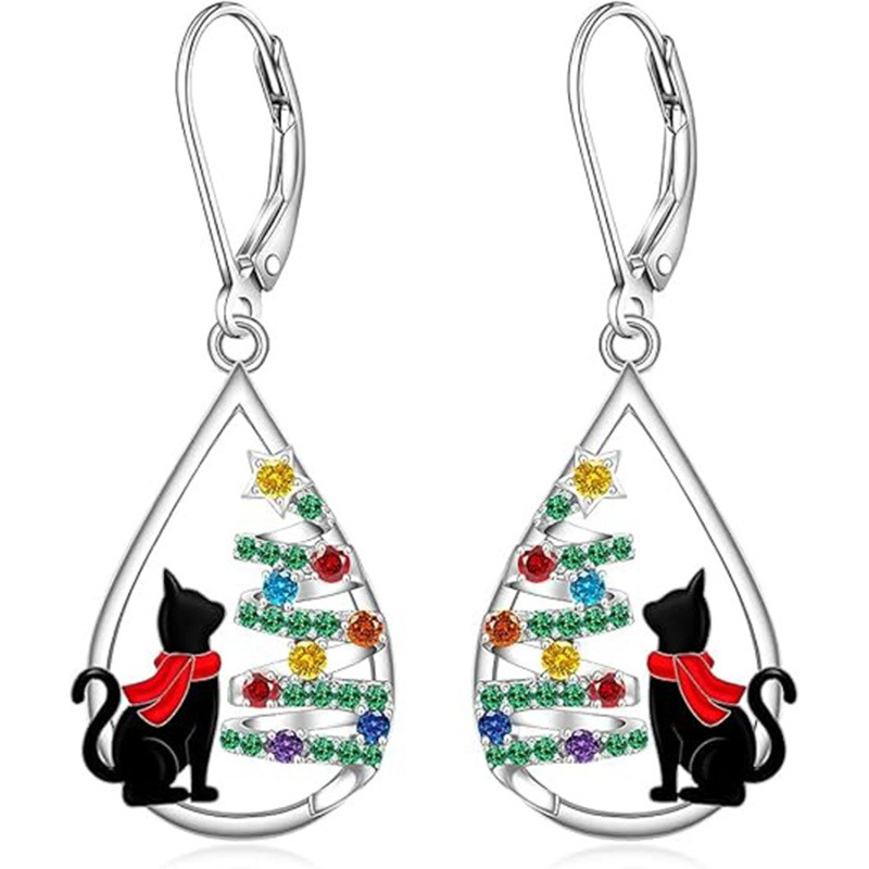 14-Karat-Weißgold-Ohrstecker mit Kubikzirkonia, Katze & Weihnachtsbaum & Tropfenform-1