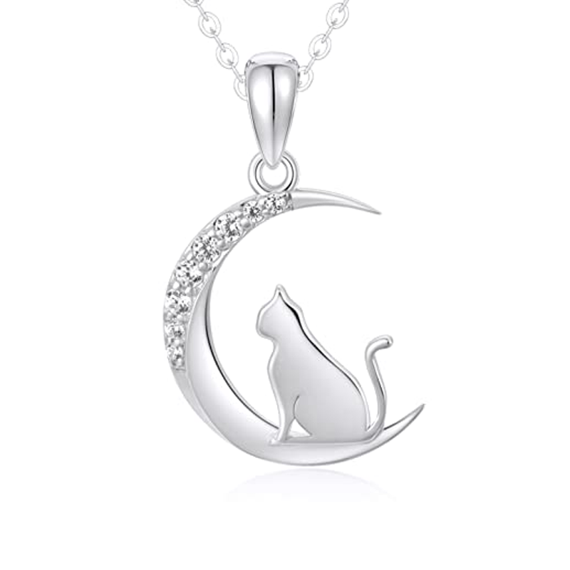 Collar de oro blanco de 10 quilates con circonitas cúbicas, diseño de gato y luna, para mujer-1