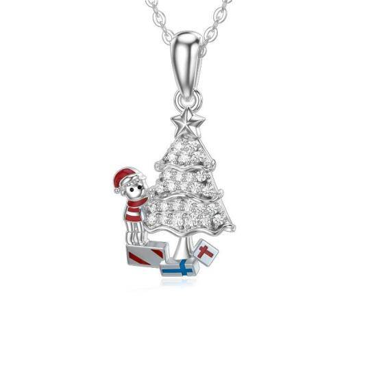 Collar Colgante Árbol de Navidad Oro Blanco 10K Circonitas Cúbicas