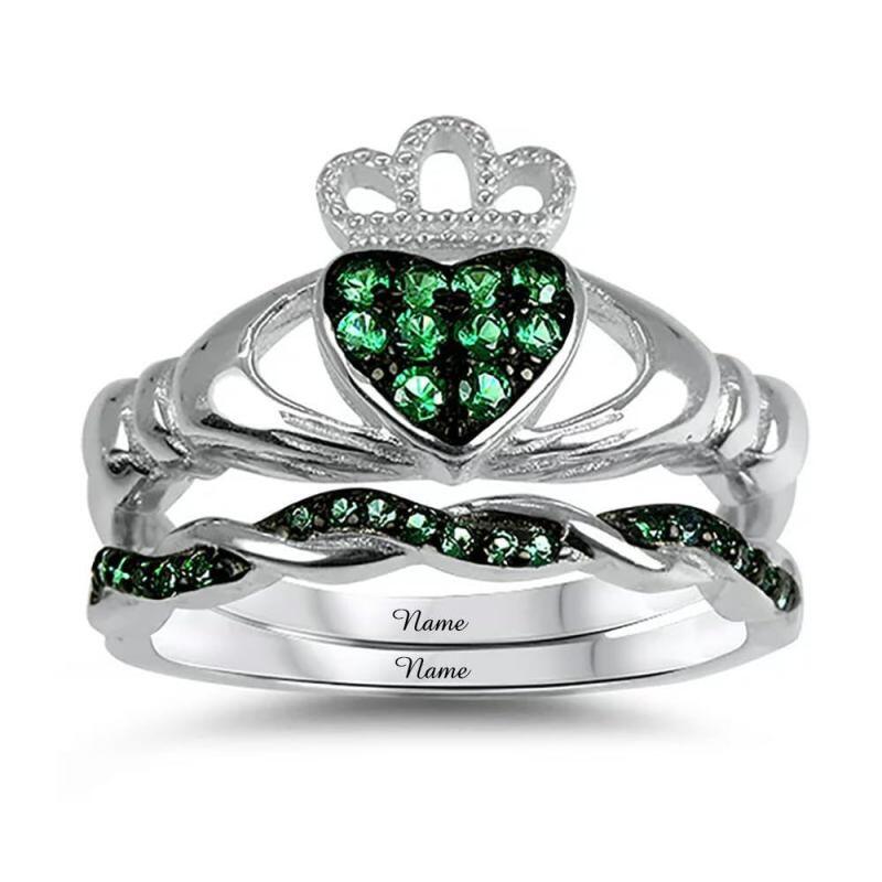 Bague de fiançailles Claddagh et cœur en or blanc 14 carats et zircon cubique-1