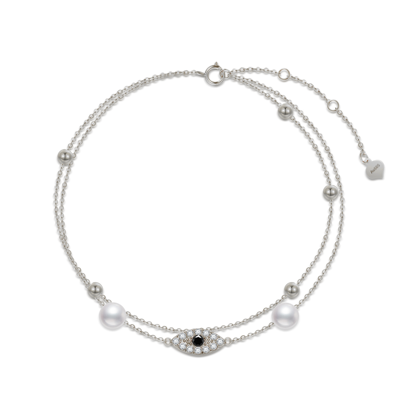 Pulsera con dije de ojo malvado de circonita cúbica en oro blanco de 14 quilates-1
