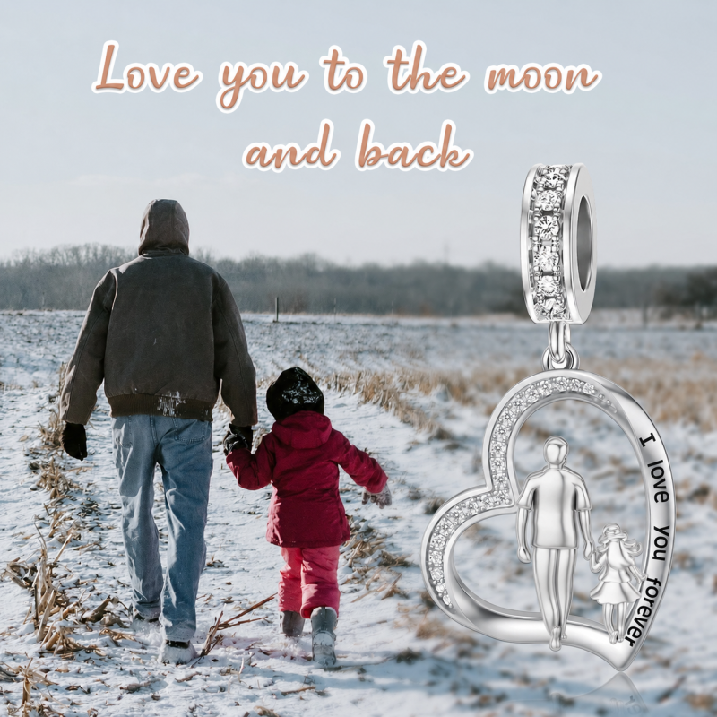 18K White Gold Cubic Zirconia Father & Daughter & Heart Dangle Charm-3