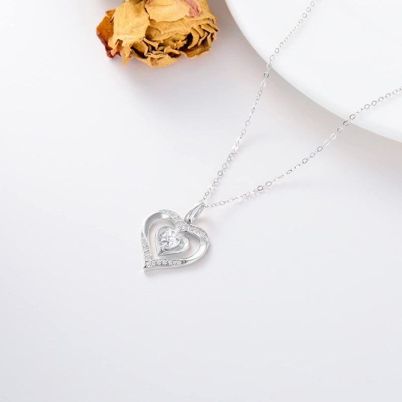 10K White Gold Cubic Zirconia Heart Pendant Necklace-4