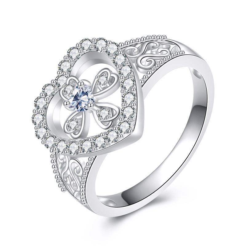 Bague en or blanc 14 carats avec zircon cubique, motif lierre, croix et cœur-1