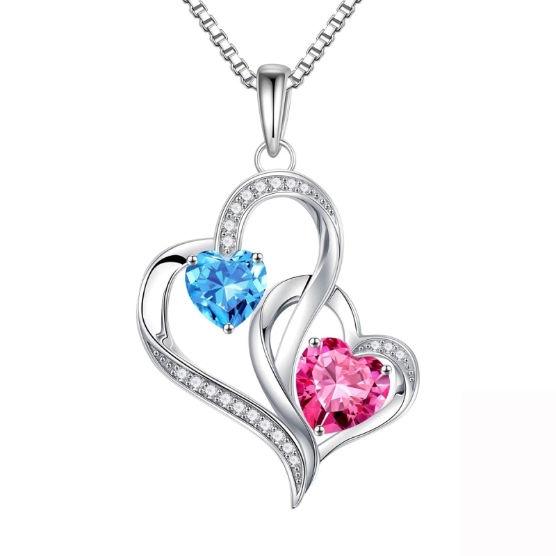 Collier pendentif cœur en or blanc 18 carats avec zircon cubique et pierre de naissance personnalisée-1