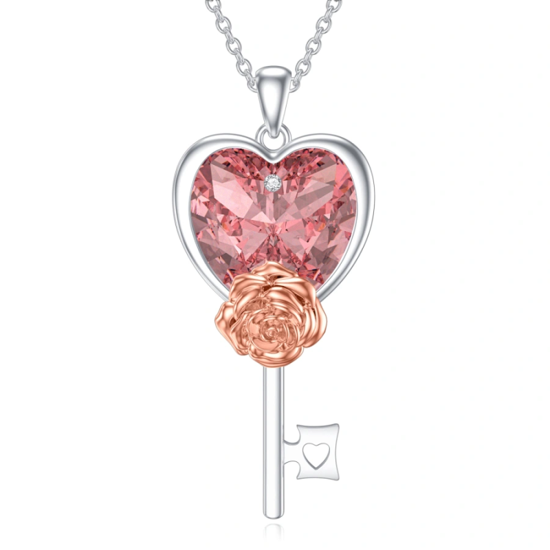 Collier en or blanc 14 carats avec fermoir en forme de cœur rose et zircon cubique pour femme-1