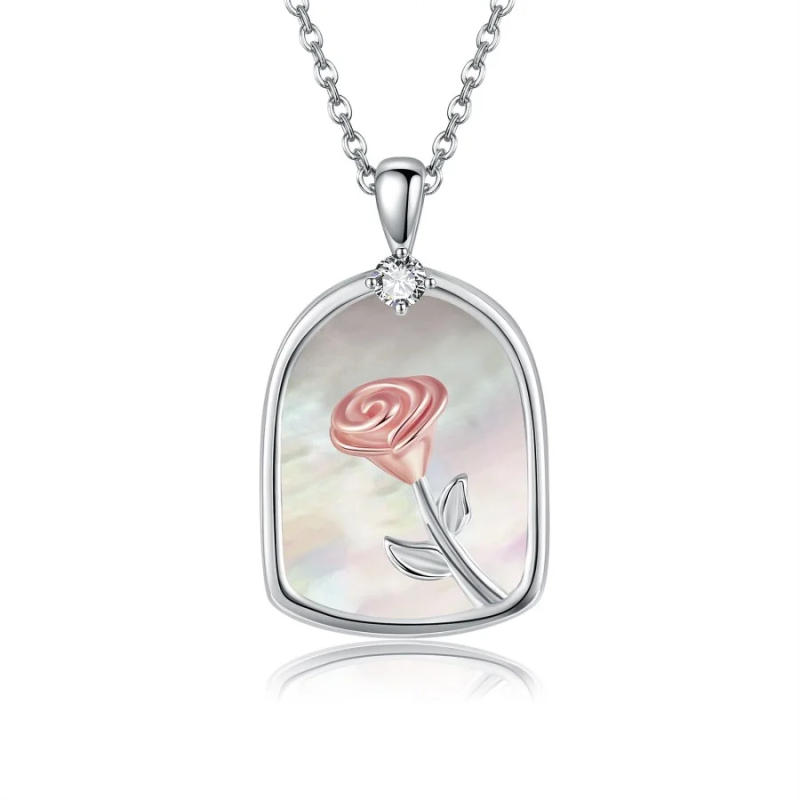 Collier en or blanc 18 carats avec zircon cubique rose et coquillage pour femme-1