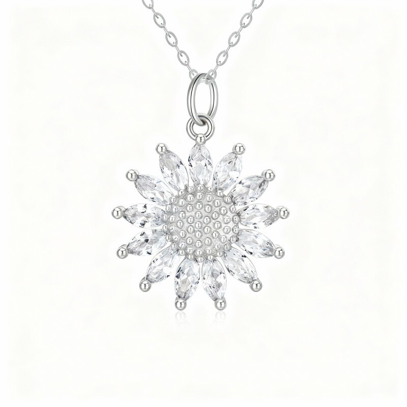 Collar Colgante de Girasol con Circonia Cúbica Chapado en Oro Blanco y Platino-1