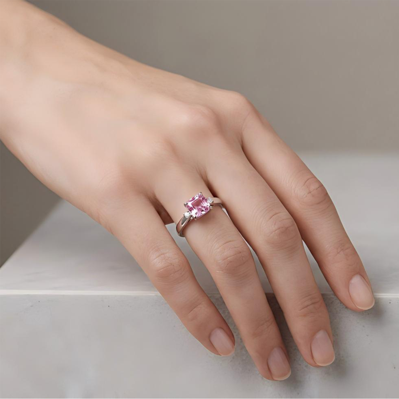 18K White Gold Cushion Cut Moissanite & Morganite Engagement Ring-2