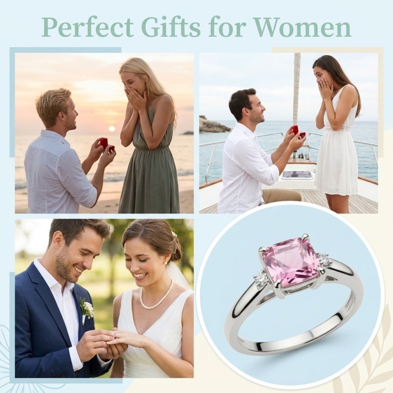 18K White Gold Cushion Cut Moissanite & Morganite Engagement Ring-4