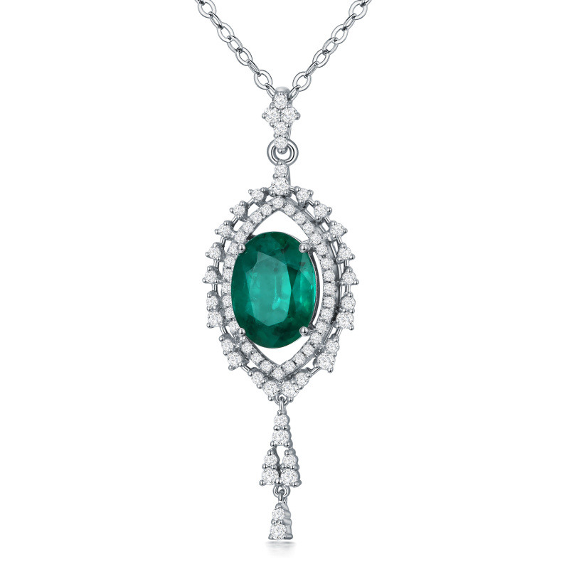 Collier pendentif ovale en or blanc 10 carats avec émeraude-1