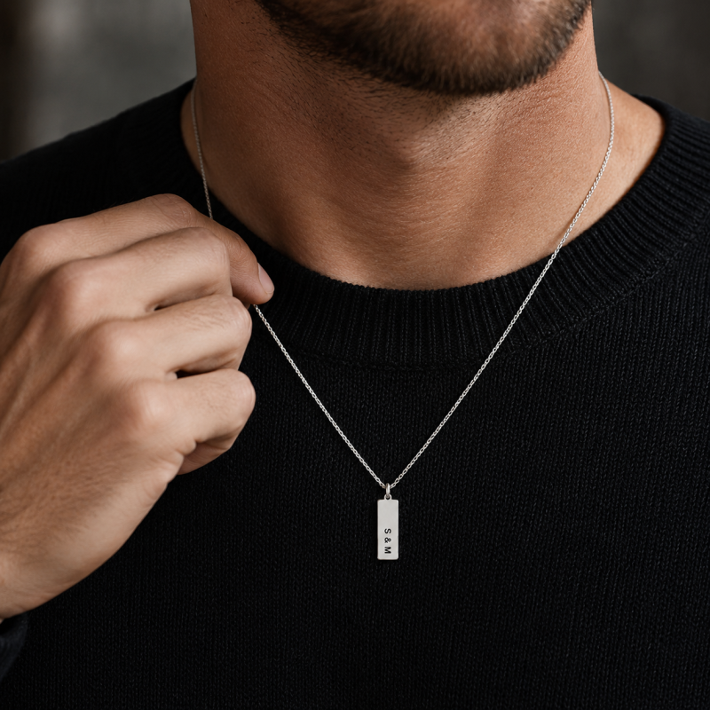 14K White Gold Engravable & Bar Necklace for Men-2