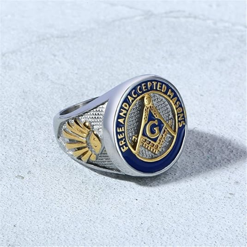 Sterling Silver with Yellow Gold Plated Freemason Signet Ring for Men-4