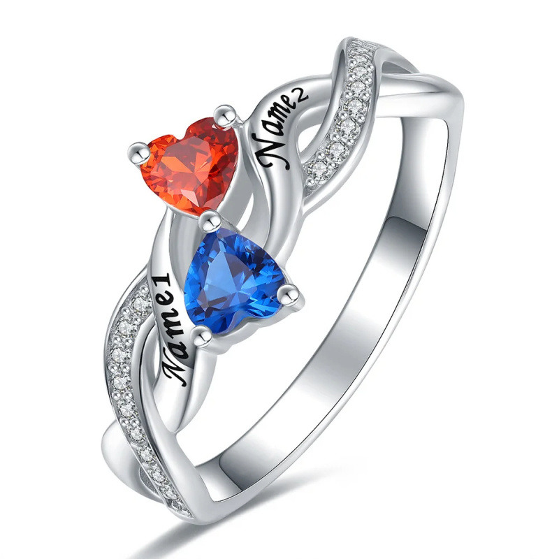 10K Weißgold Herzring mit Geburtsstein und personalisiertem Namen für Damen-2