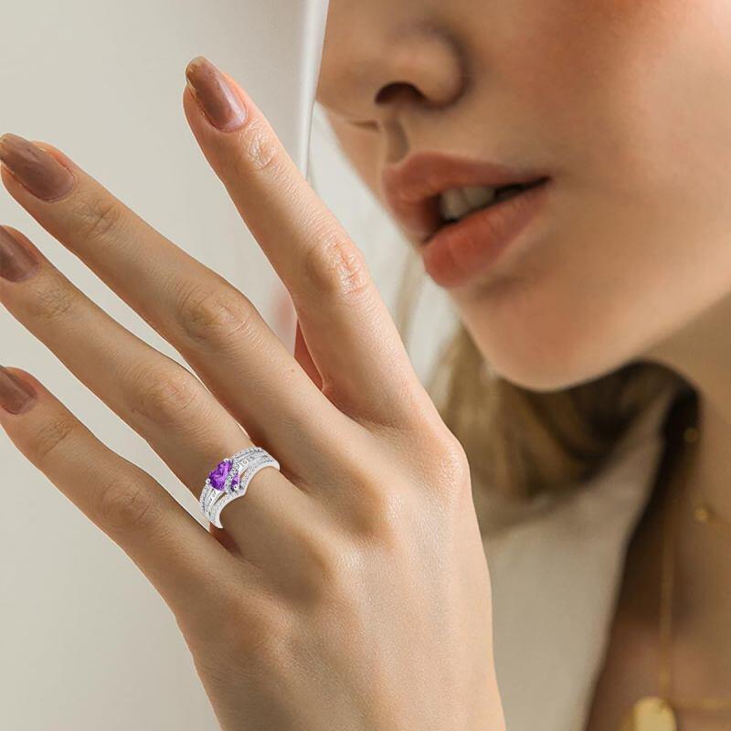 Anillo de clase personalizable con piedra natal y grabable, en oro blanco de 14 quilates con forma de corazón-2