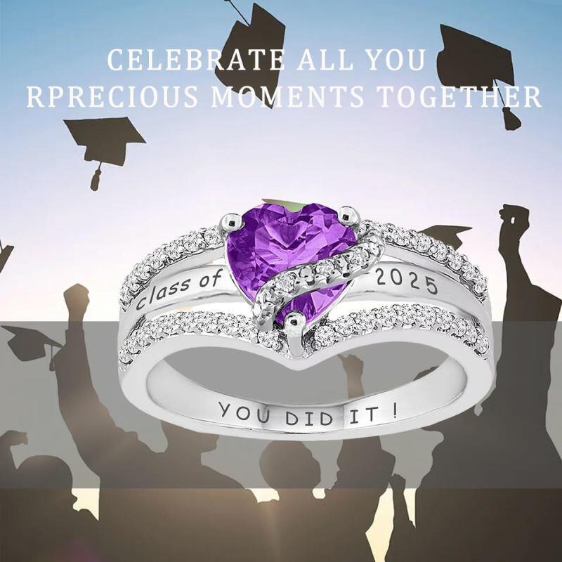 Anillo de clase personalizable con piedra natal y grabable, en oro blanco de 14 quilates con forma de corazón-6