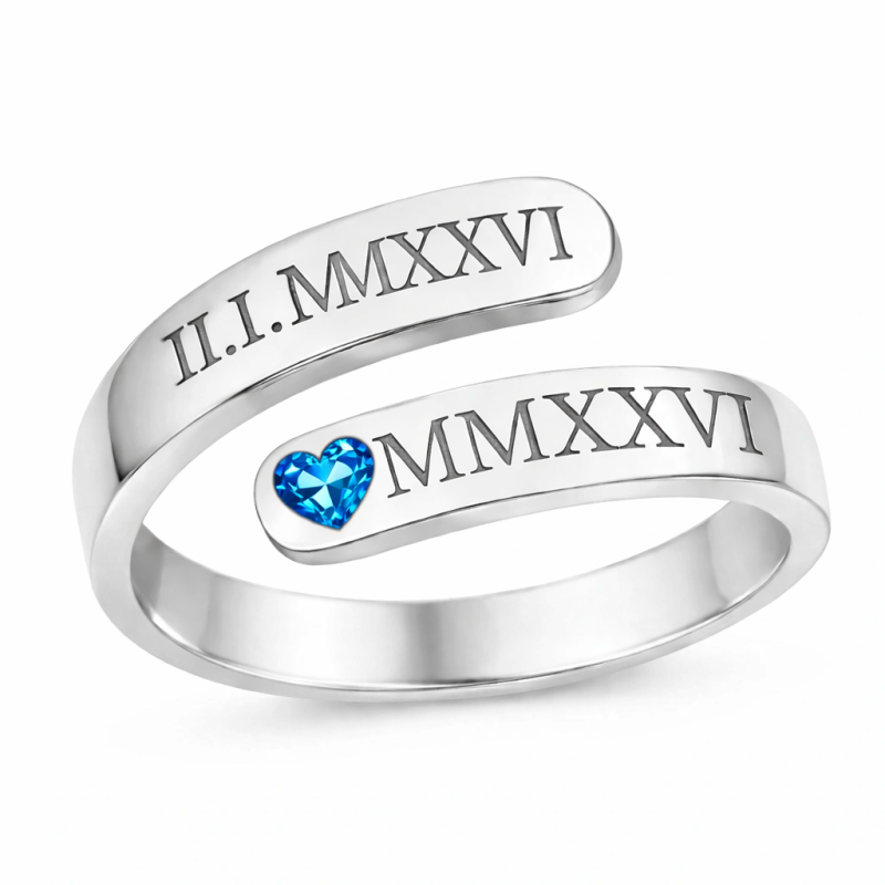 10K Weißgold Herzform personalisierter Geburtsstein & Gravur römische Ziffern offener Ring-18