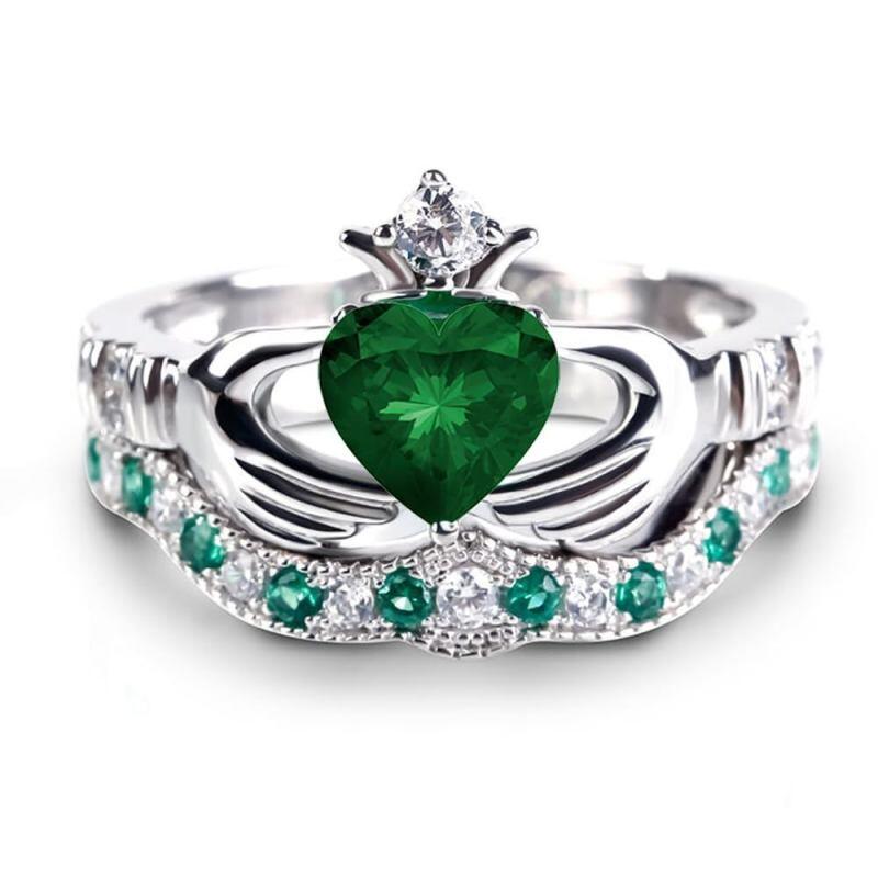 Anillo de compromiso con corona de piedra natal personalizada con circonita cúbica en forma de corazón de oro blanco de 10 quilates-2