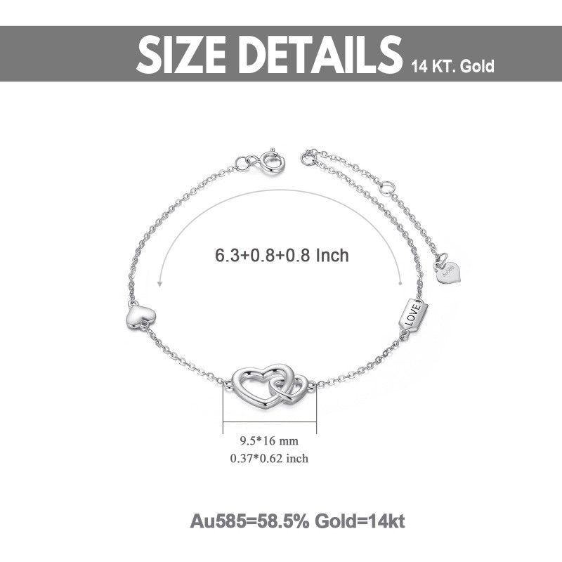 Pulsera de oro blanco de 14 quilates con dije de corazones entrelazados y palabra grabada para mujer-6