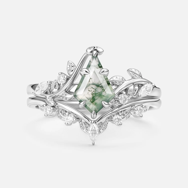 Anillo de compromiso de oro blanco de 18 quilates con ágata musgosa y hojas talladas en forma de cometa-1