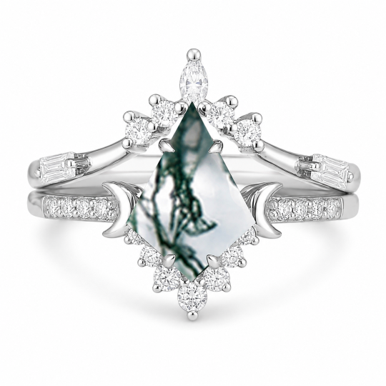 10K White Gold Kite Cut Moss Agate Custom Bridal Set