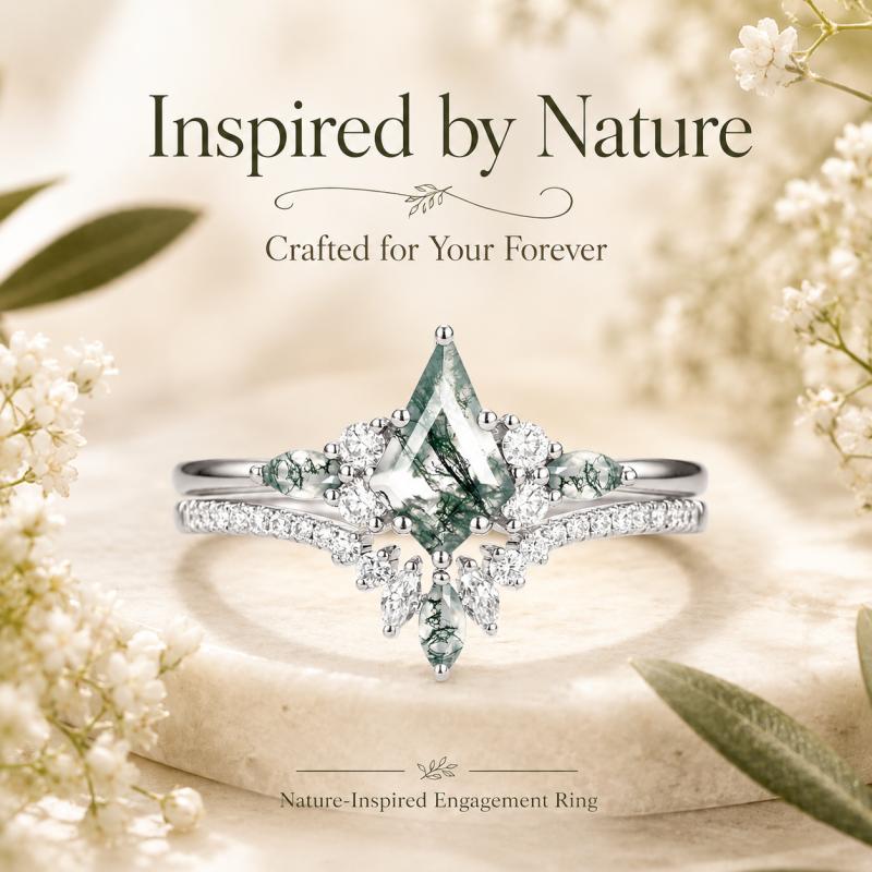 10K White Gold Kite Cut Moss Agate Engagement Ring-7