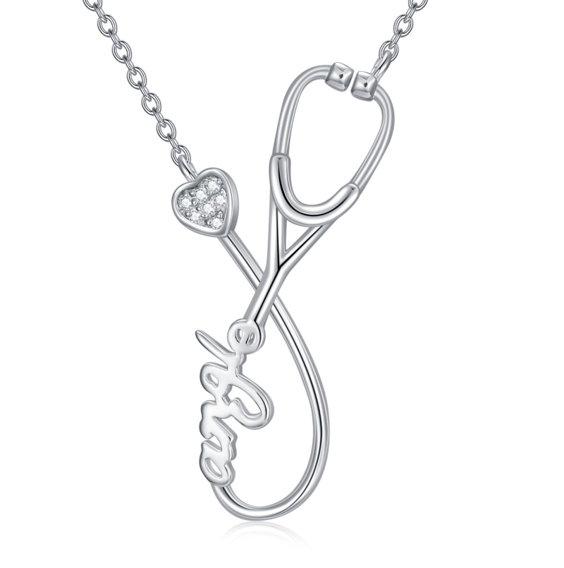 Collier pendentif en or blanc 14 carats avec diamant de laboratoire et nom et stéthoscope-1