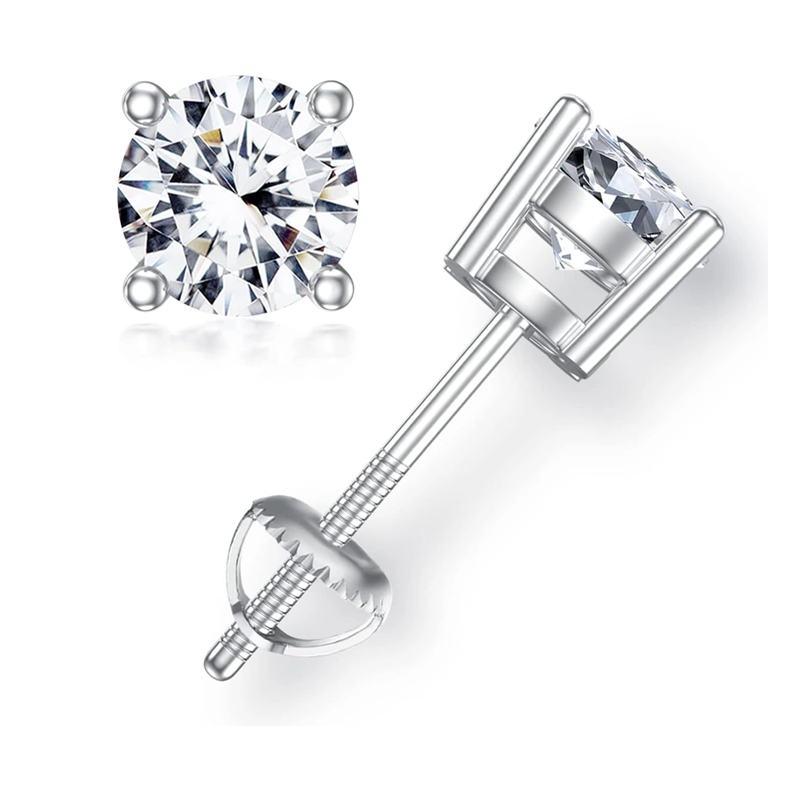 Boucles d'oreilles puces rondes en or blanc 10 carats avec diamants de laboratoire pour femmes-1