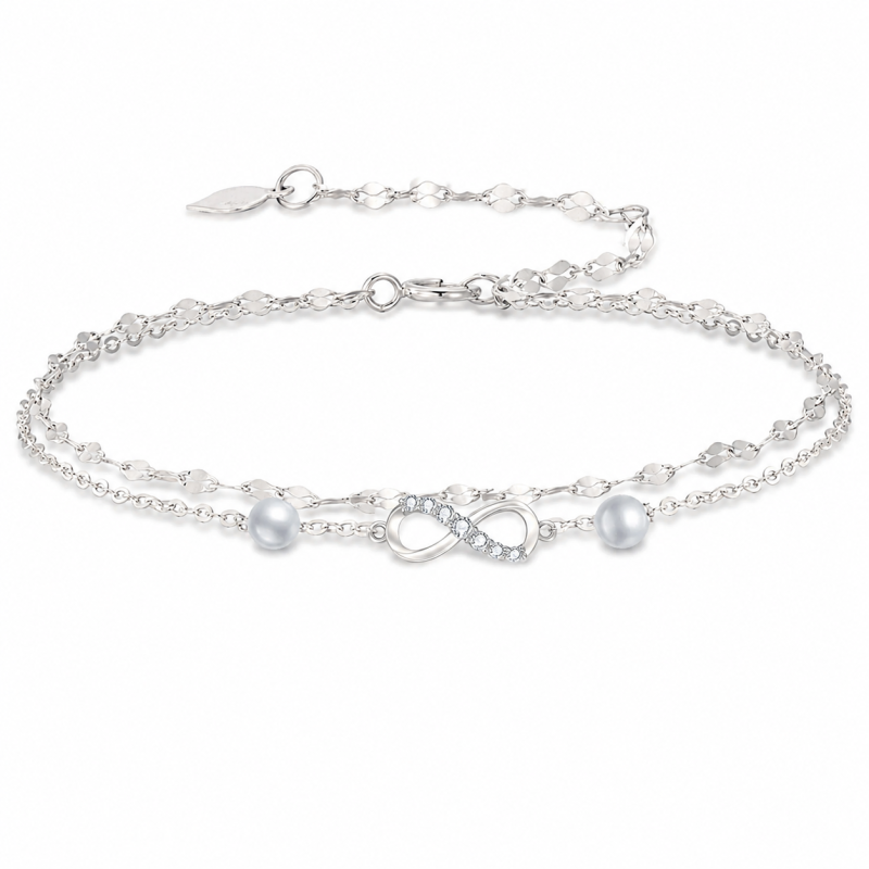 10K White Gold Lab-Grown Diamond & Pearl Infinity Symbol Multi-layered Charm Anklet-1