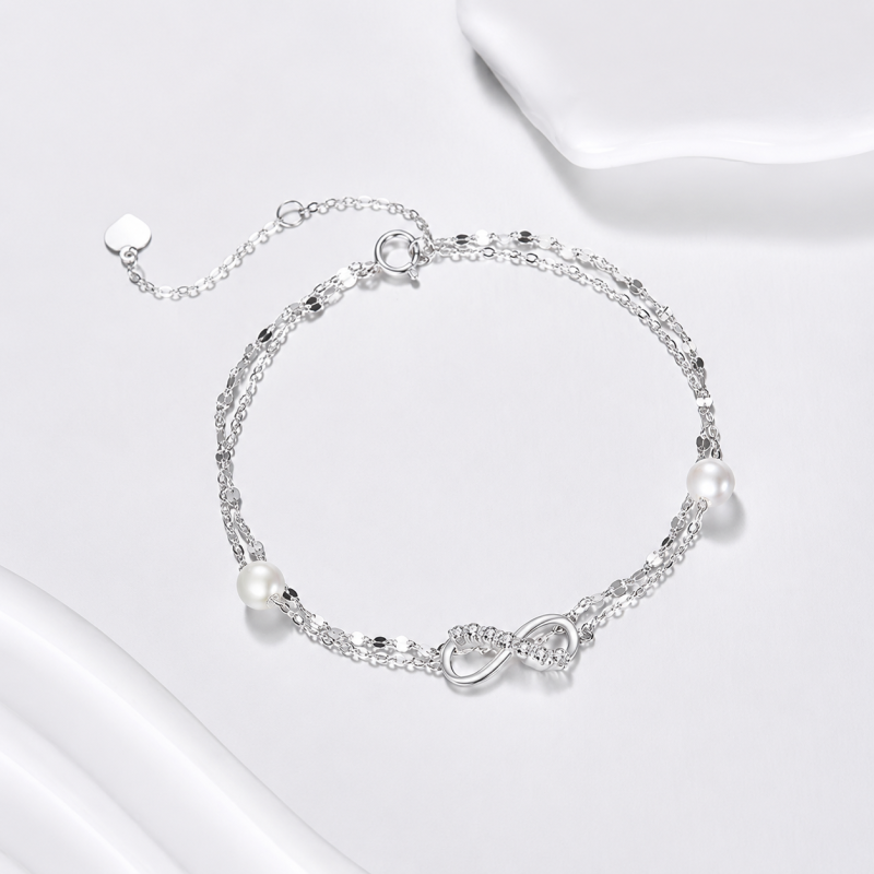 10K White Gold Lab-Grown Diamond & Pearl Infinity Symbol Multi-layered Charm Anklet-3