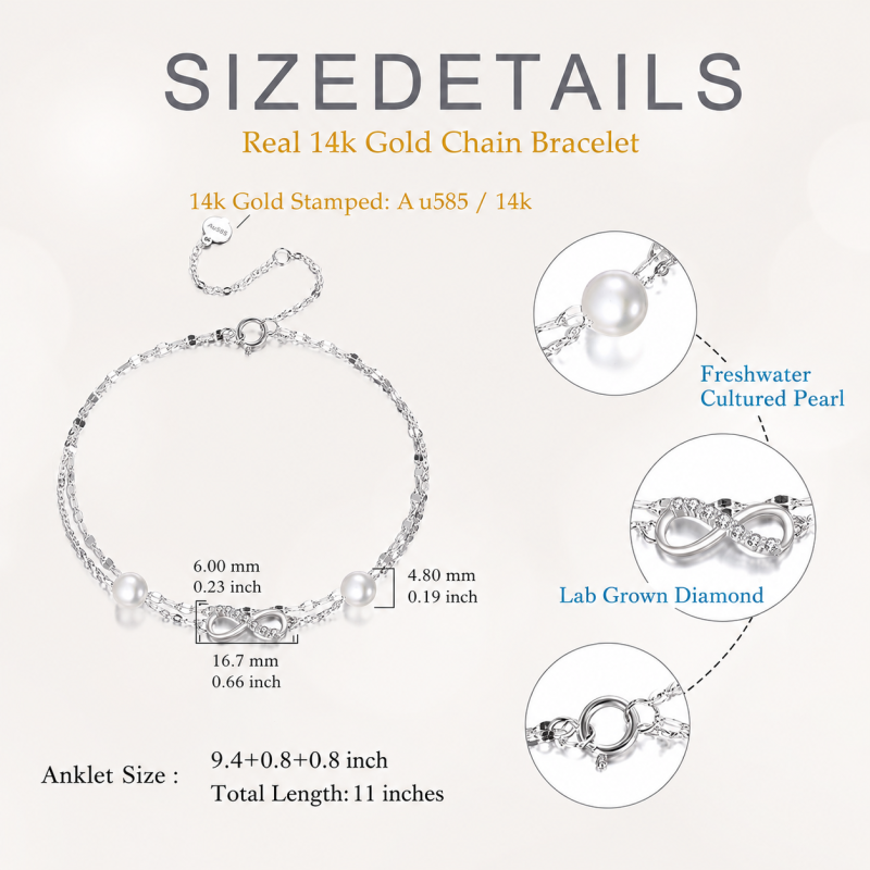 10K White Gold Lab-Grown Diamond & Pearl Infinity Symbol Multi-layered Charm Anklet-4