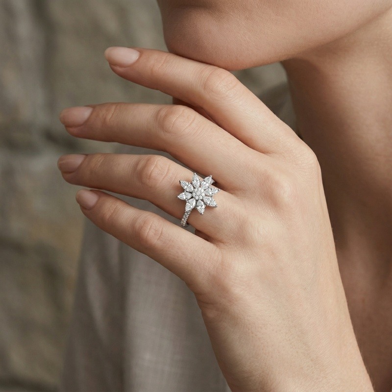 14K White Gold Marquise Cut Moissanite Snowflake Engagement Ring-2