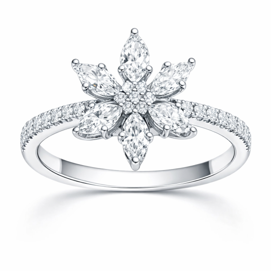 Anillo de compromiso con copo de nieve de moissanita cortada en marquesa de oro blanco de 14 quilates