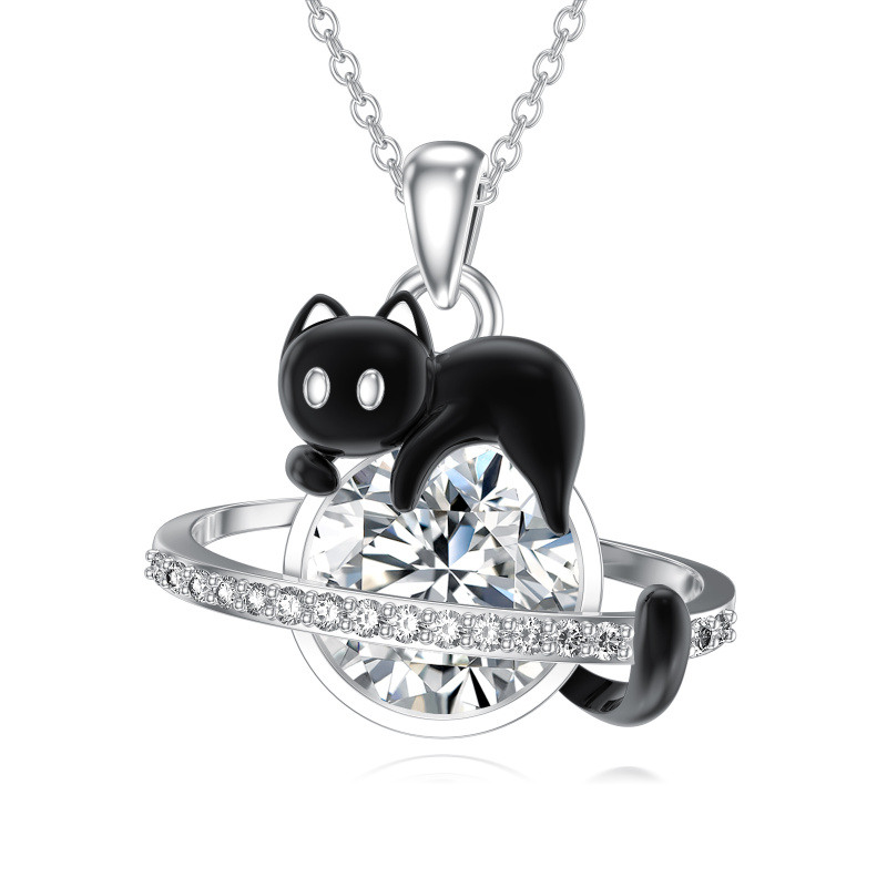 Collier pendentif chat et planète en or blanc 14 carats et moissanite-1