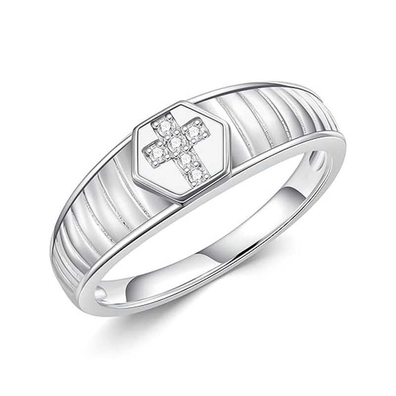 Anillo de compromiso de cruz de moissanita en oro blanco de 18 quilates para hombre-1